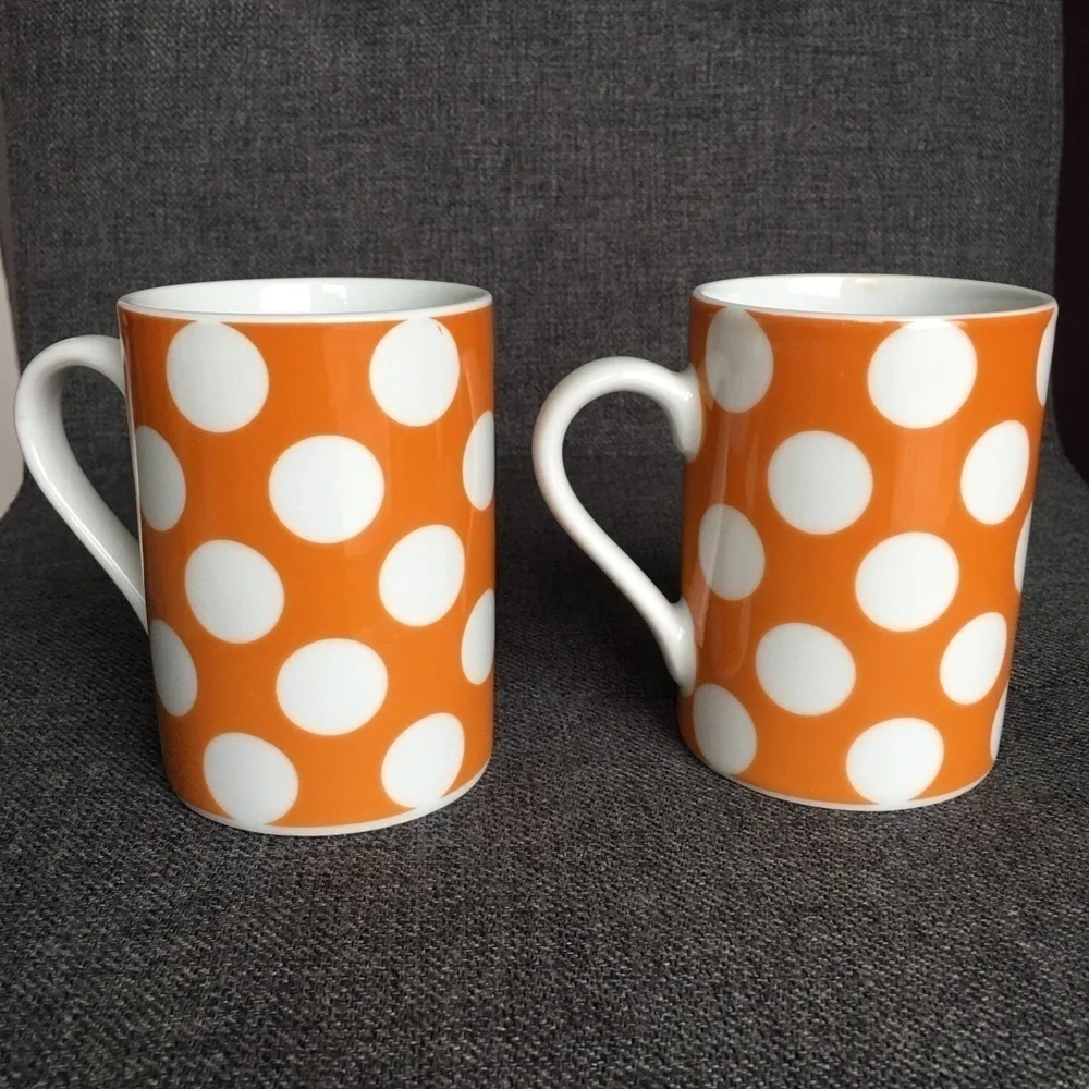 Set/2 Polka Dot Coffee Mugs, Yellow, White, 10 oz